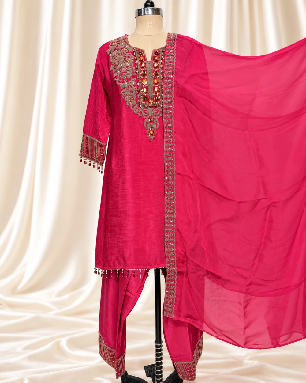 Rani Pink Chinon Farshi Salwar Suit with Antique Work & Gemstone Embellishment (12643280)