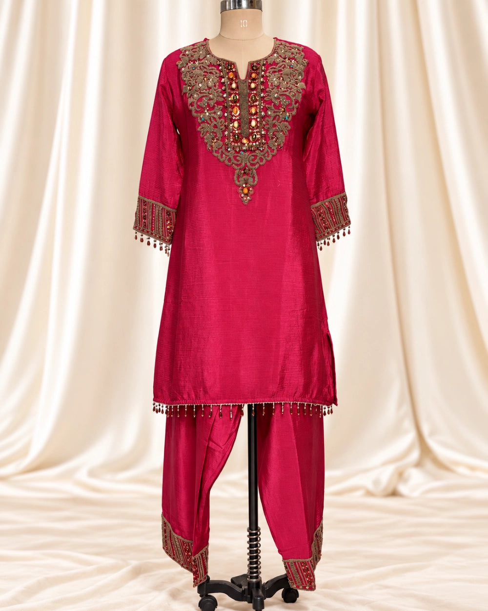 Rani Pink Chinon Farshi Salwar Suit with Antique Work & Gemstone Embellishment (12643280)
