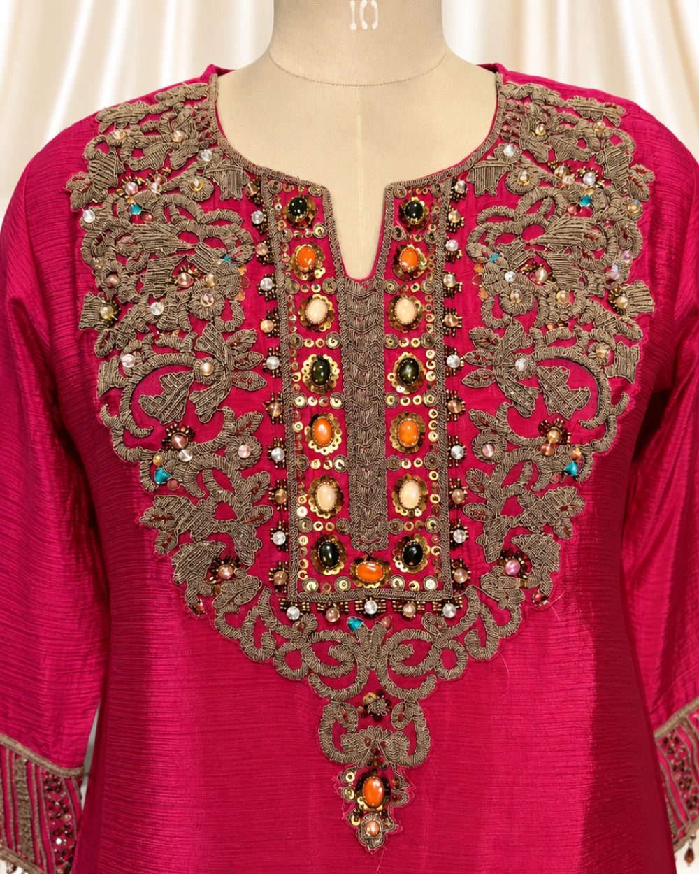 Rani Pink Chinon Farshi Salwar Suit with Antique Work & Gemstone Embellishment (12643280)