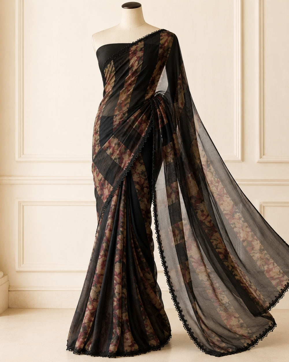 Black Jimmy Choo Saree with Foil Digital Print & Bead Work (12626616)