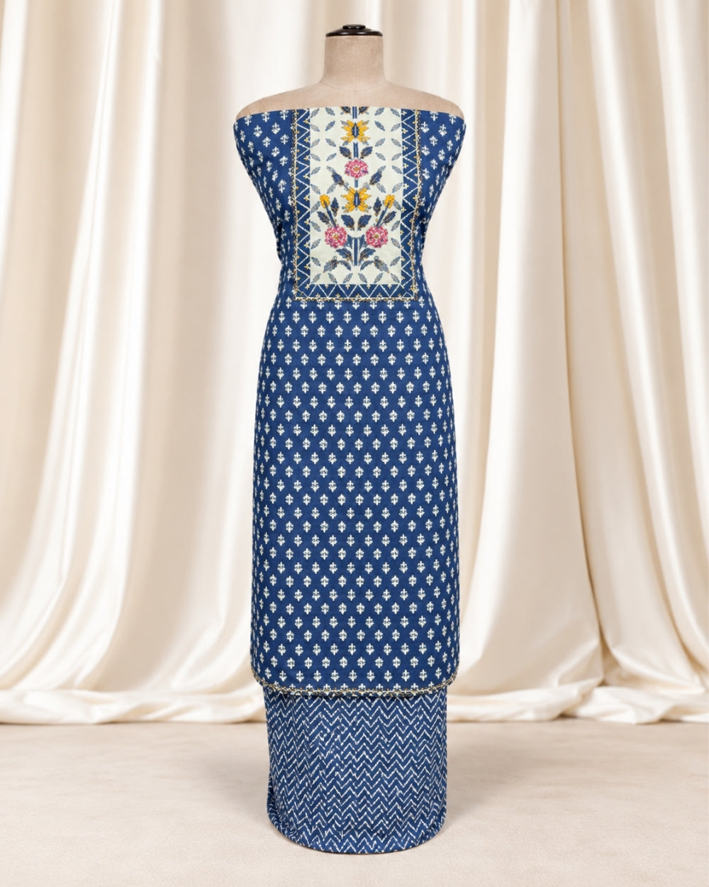Cotton Suit with Appliqué Neckline Work & Printed Kota Dupatta (12633064)