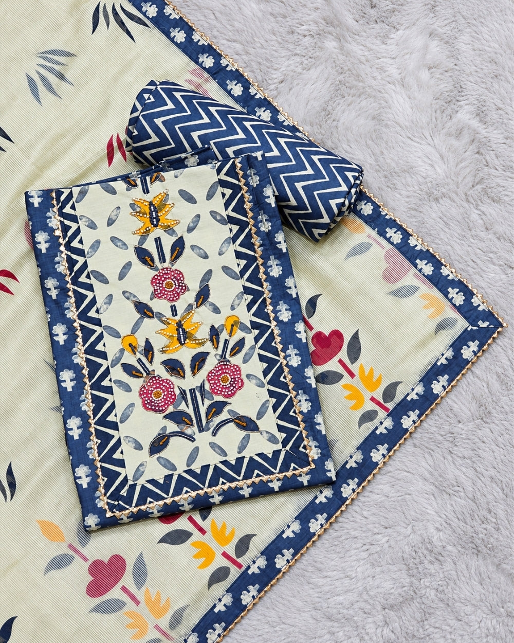 Cotton Suit with Appliqué Neckline Work & Printed Kota Dupatta (12633064)