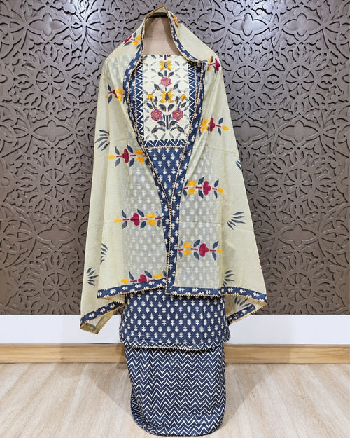 Cotton Suit with Appliqué Neckline Work & Printed Kota Dupatta (12633064)