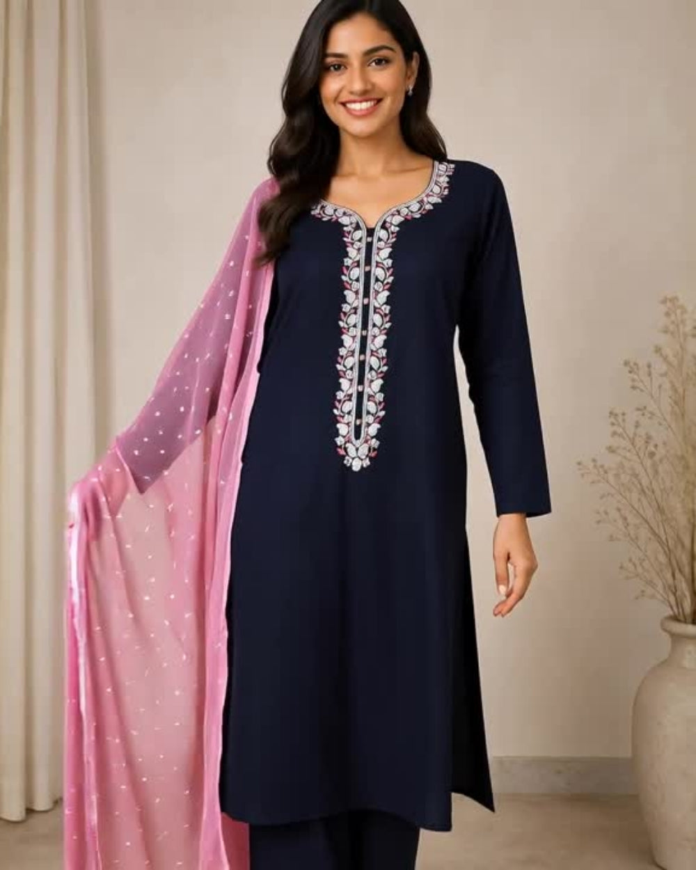 Cotton Suit with Handwork Neckline & Bandhej Dupatta (12625156)