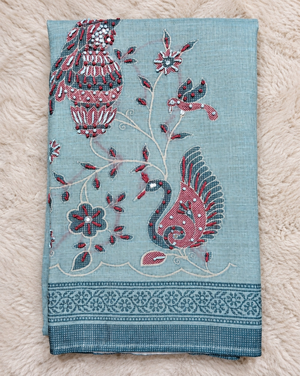 Sheesh Mahal-Cotton Tissue Jamdani Suit with Kantha Highlights (12633072)