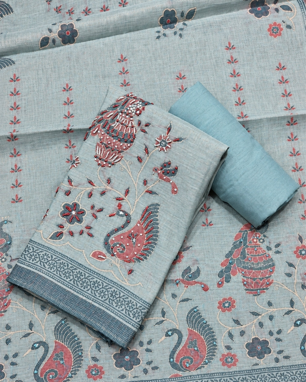 Sheesh Mahal-Cotton Tissue Jamdani Suit with Kantha Highlights (12633072)