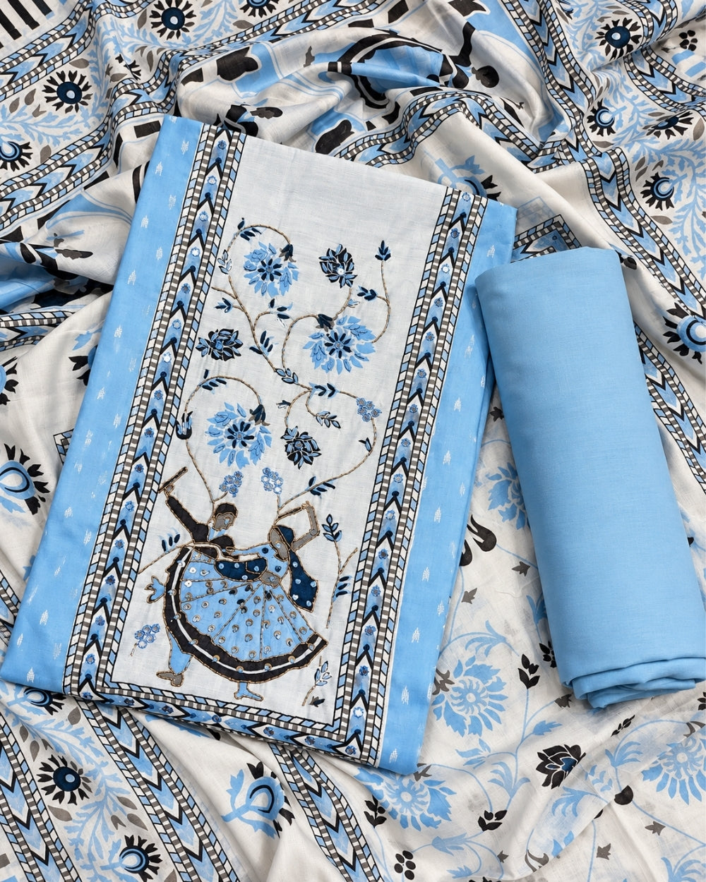 Ice Blue Cotton Suit with Vastranga Print & Mul Cotton Dupatta (12633059)