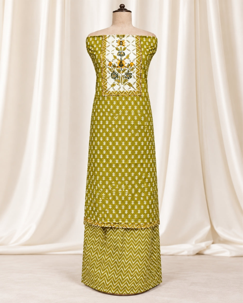 Lime Green Cotton Suit with Appliqué Neckline Work & Kota Checks Dupatta (12633065)