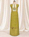 Lime Green Cotton Suit with Appliqué Neckline Work & Kota Checks Dupatta (12633065)