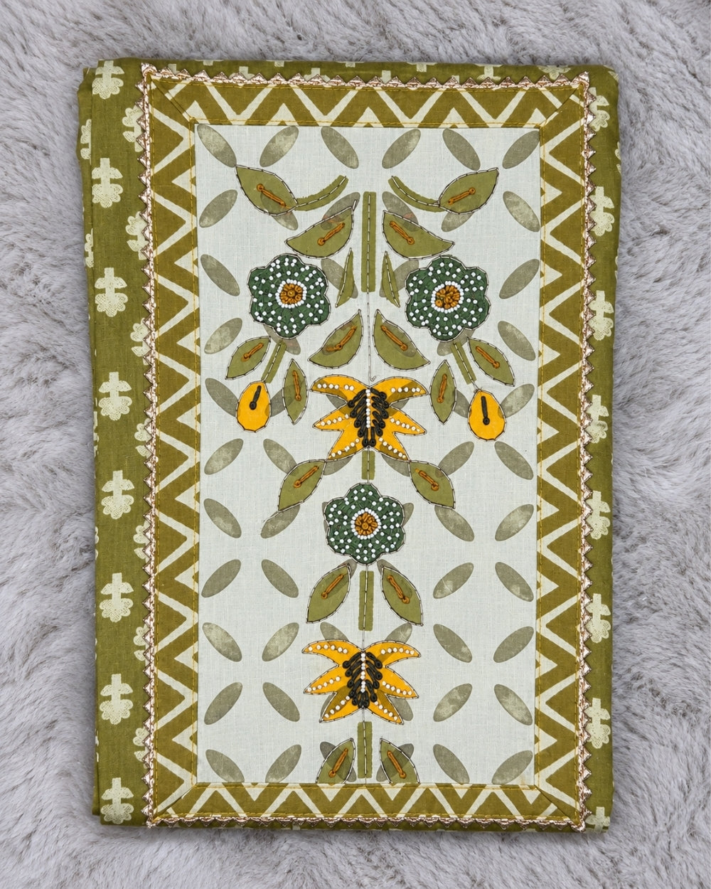 Lime Green Cotton Suit with Appliqué Neckline Work & Kota Checks Dupatta (12633065)