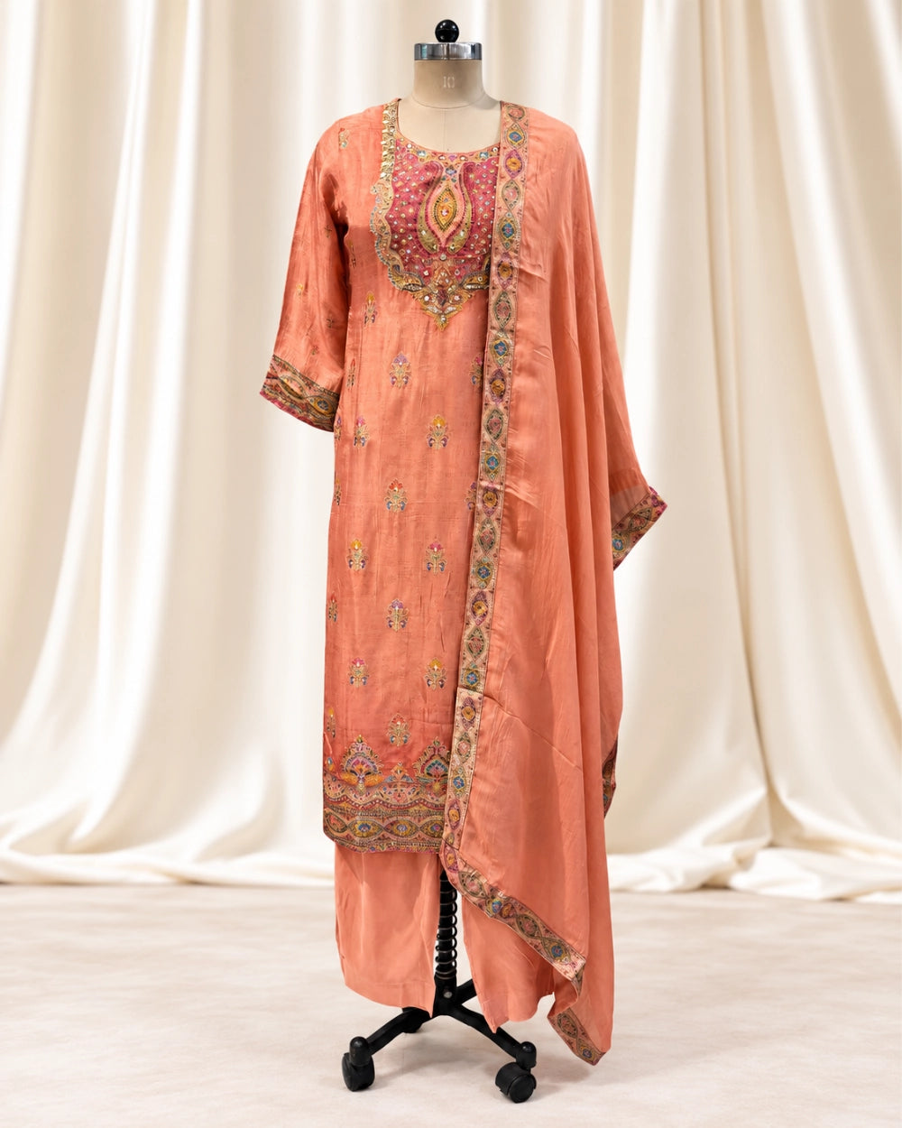 Peach Dola Crepe Weaving Suit with Handwork & Viscose Organza Dupatta (12643608)