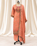 Peach Dola Crepe Weaving Suit with Handwork & Viscose Organza Dupatta (12643608)