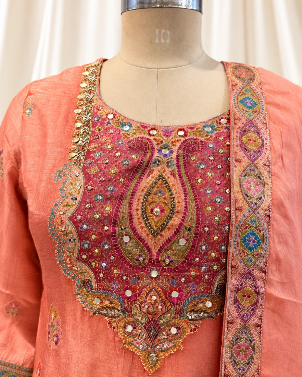 Peach Dola Crepe Weaving Suit with Handwork & Viscose Organza Dupatta (12643608)