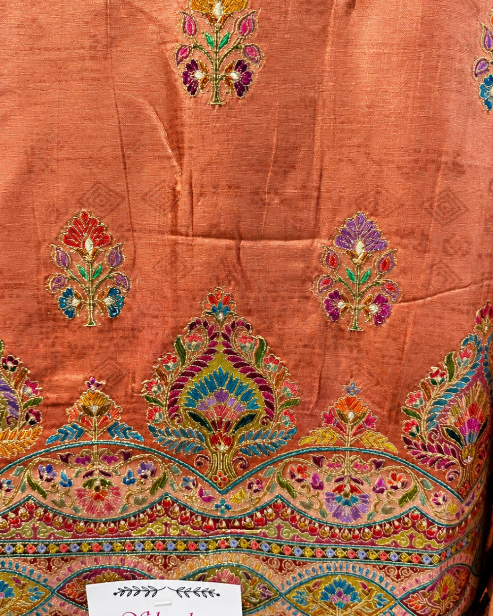 Peach Dola Crepe Weaving Suit with Handwork & Viscose Organza Dupatta (12643608)