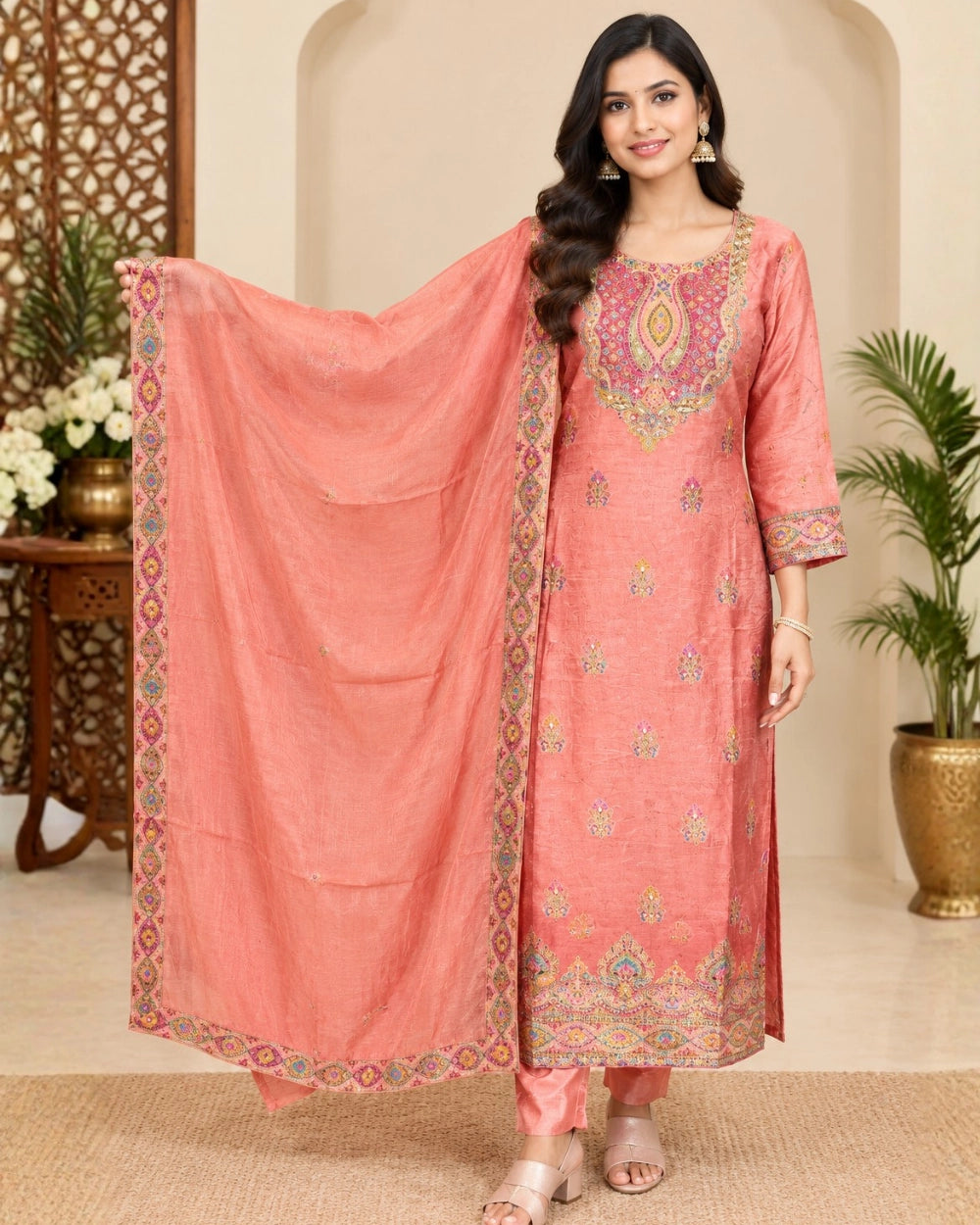 Peach Dola Crepe Weaving Suit with Handwork & Viscose Organza Dupatta (12643608)