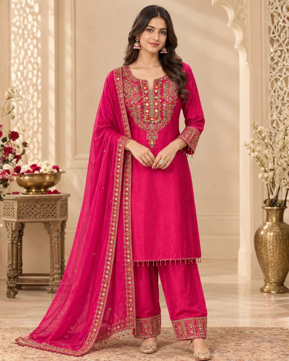 Rani Pink Chinon Farshi Salwar Suit with Antique Work & Gemstone Embellishment (12643280)