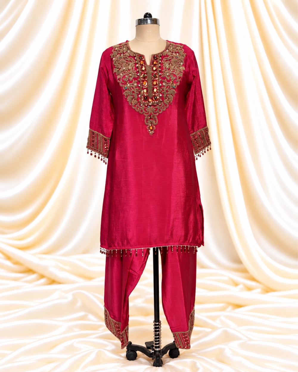 Red Chinon Farshi Salwar Suit with Antique Work & Gemstone Embellishments (12643274)