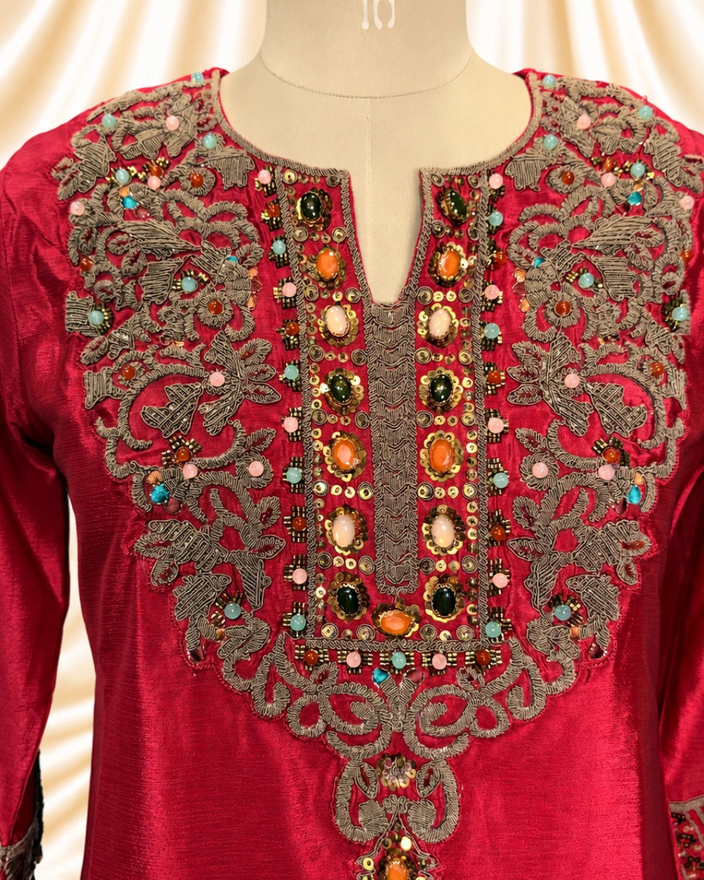 Red Chinon Farshi Salwar Suit with Antique Work & Gemstone Embellishments (12643274)