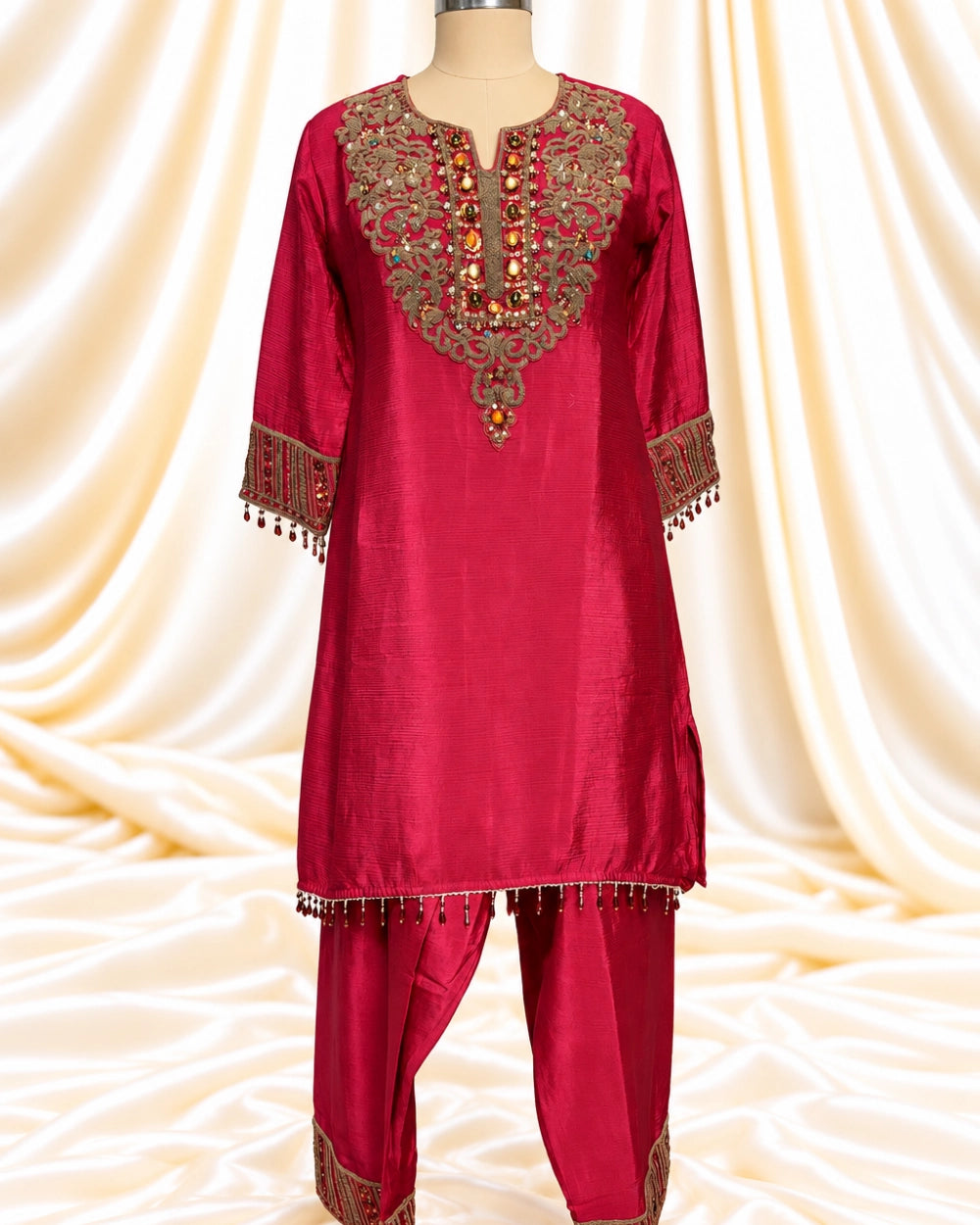 Red Chinon Farshi Salwar Suit with Antique Work & Gemstone Embellishments (12643274)