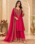 Red Chinon Farshi Salwar Suit with Antique Work & Gemstone Embellishments (12643274)