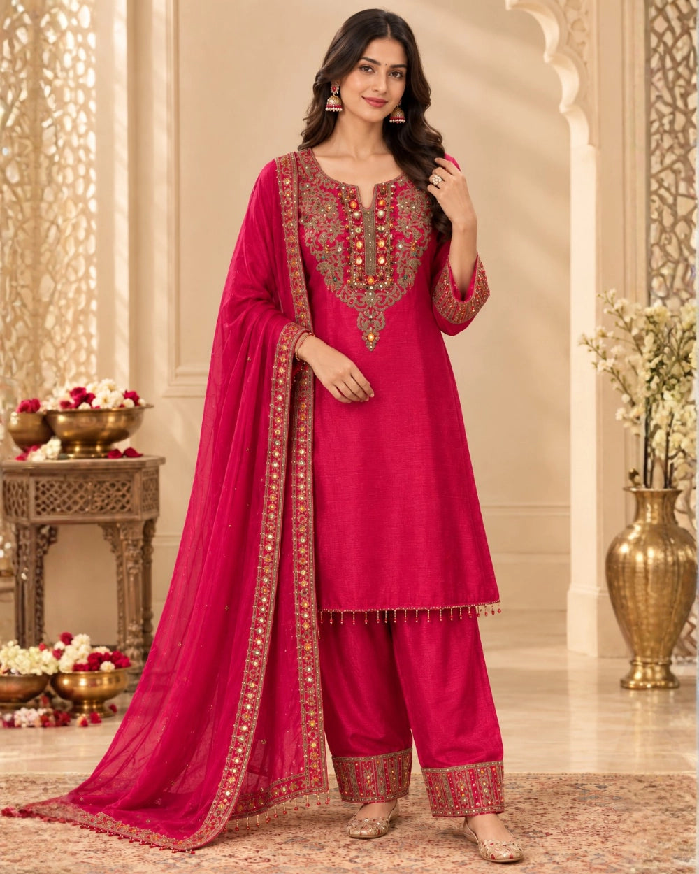 Red Chinon Farshi Salwar Suit with Antique Work & Gemstone Embellishments (12643274)