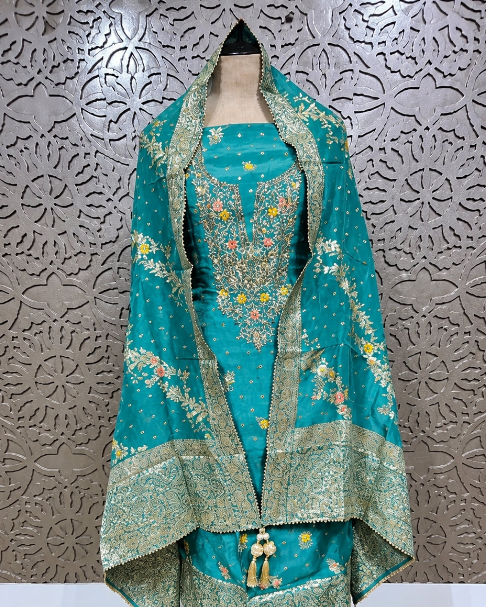Sea Green Dola Crepe Suit with Neckline Handwork & Dupatta (12632591)