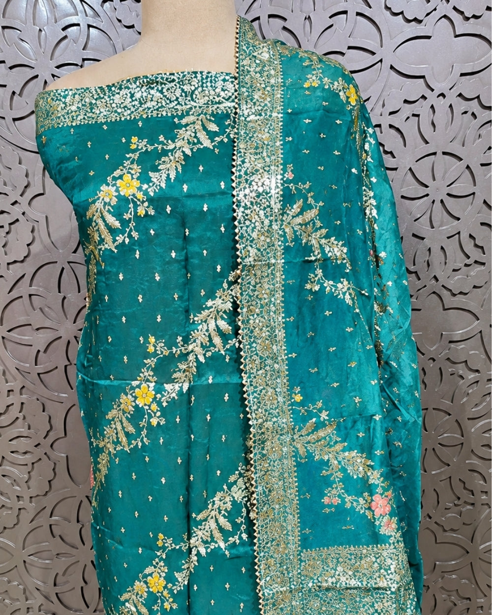 Sea Green Dola Crepe Suit with Neckline Handwork & Dupatta (12632591)