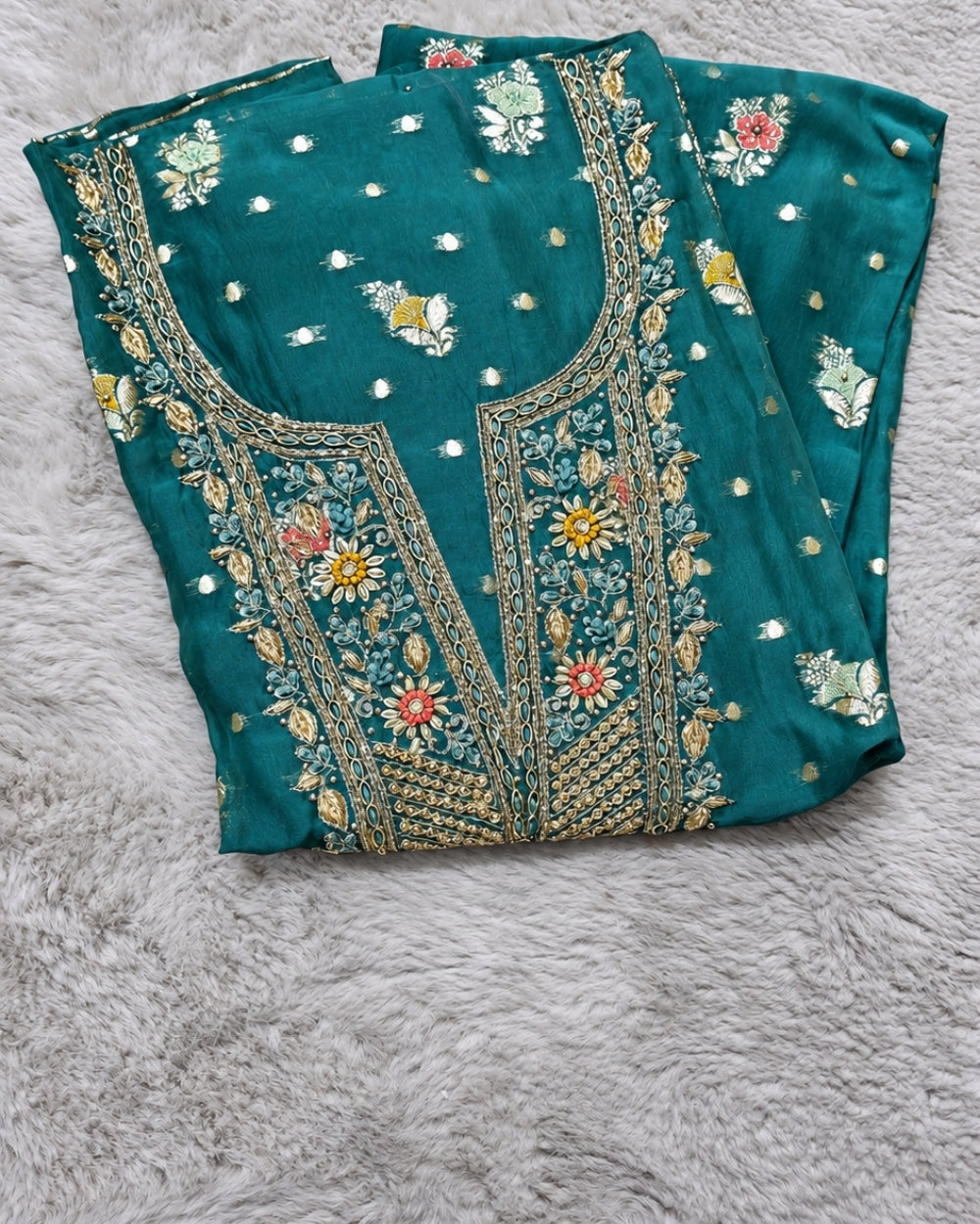 Sea Green Dola Crepe Suit with Neckline Handwork & Dupatta (12632591)