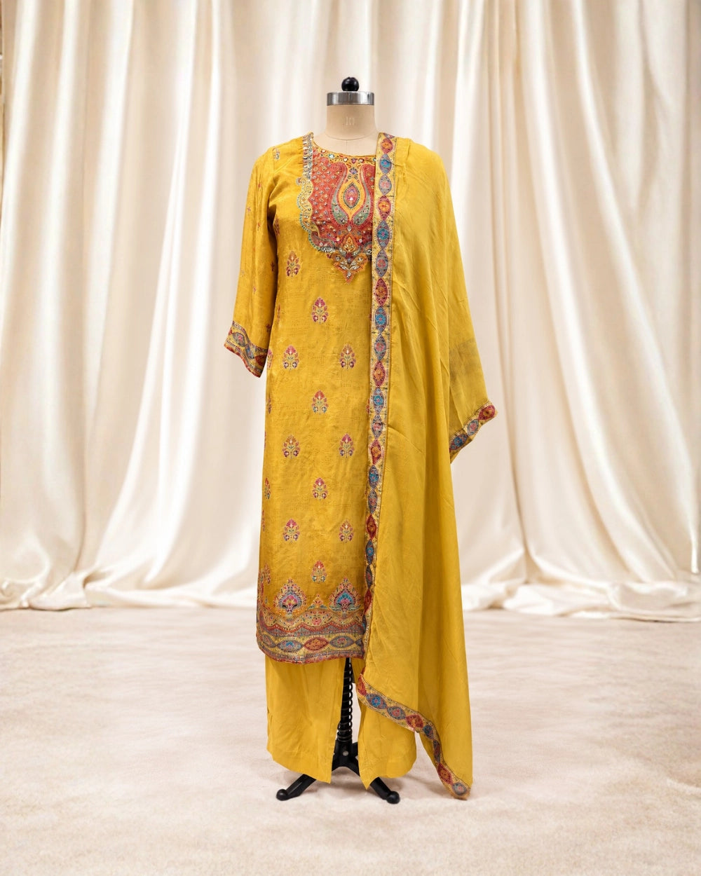 Yellow Dola Crepe Weaving Suit with Handwork & Viscose Organza Dupatta (12643617)