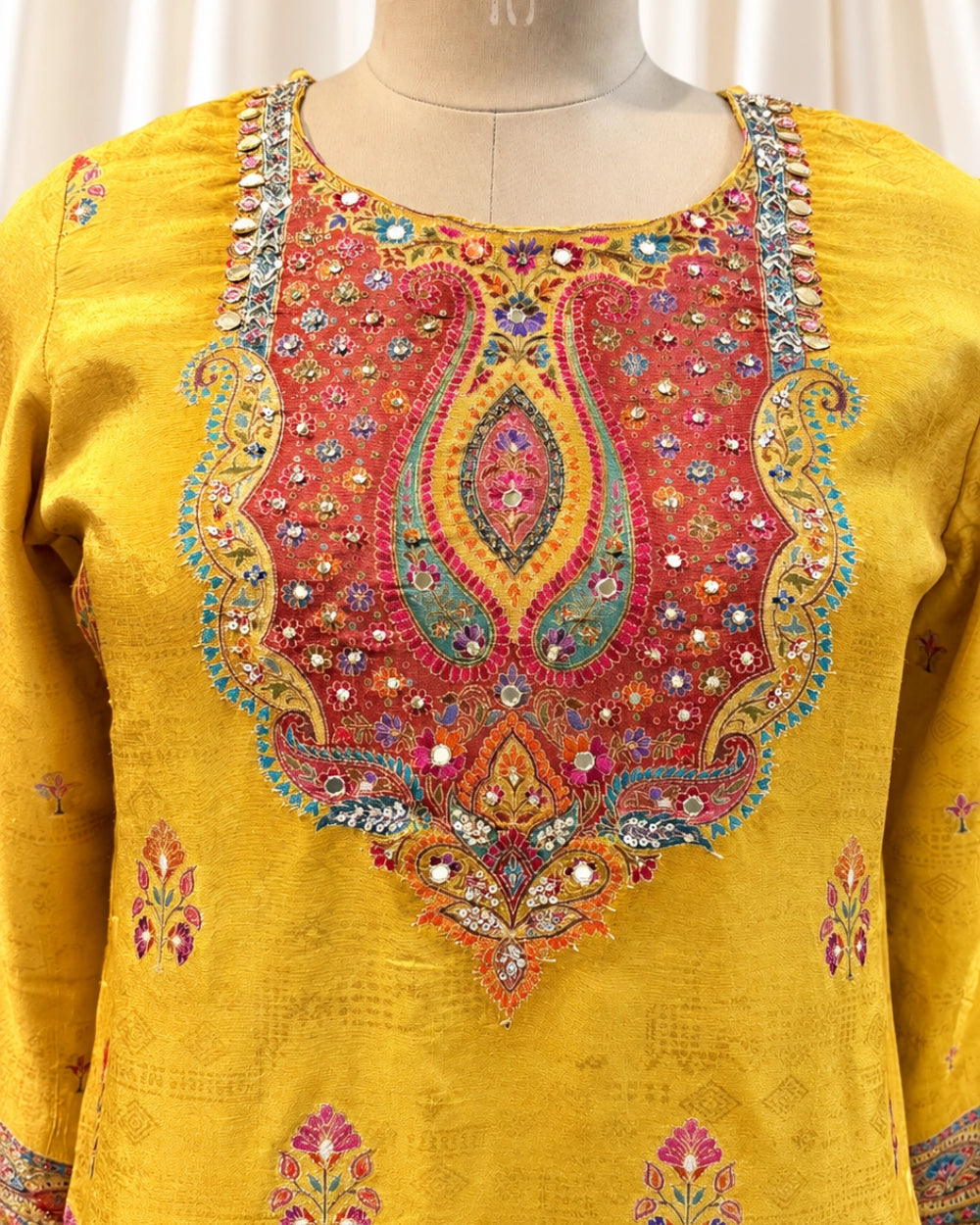 Yellow Dola Crepe Weaving Suit with Handwork & Viscose Organza Dupatta (12643617)