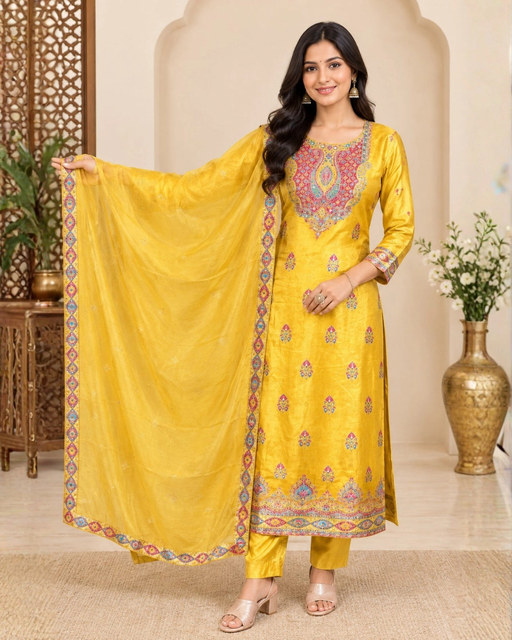 Yellow Dola Crepe Weaving Suit with Handwork & Viscose Organza Dupatta (12643617)