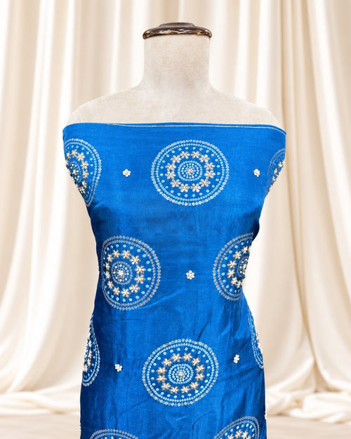 Blue Crepe Satin Fabric with Traditional Bandhej Weaving (12639988)