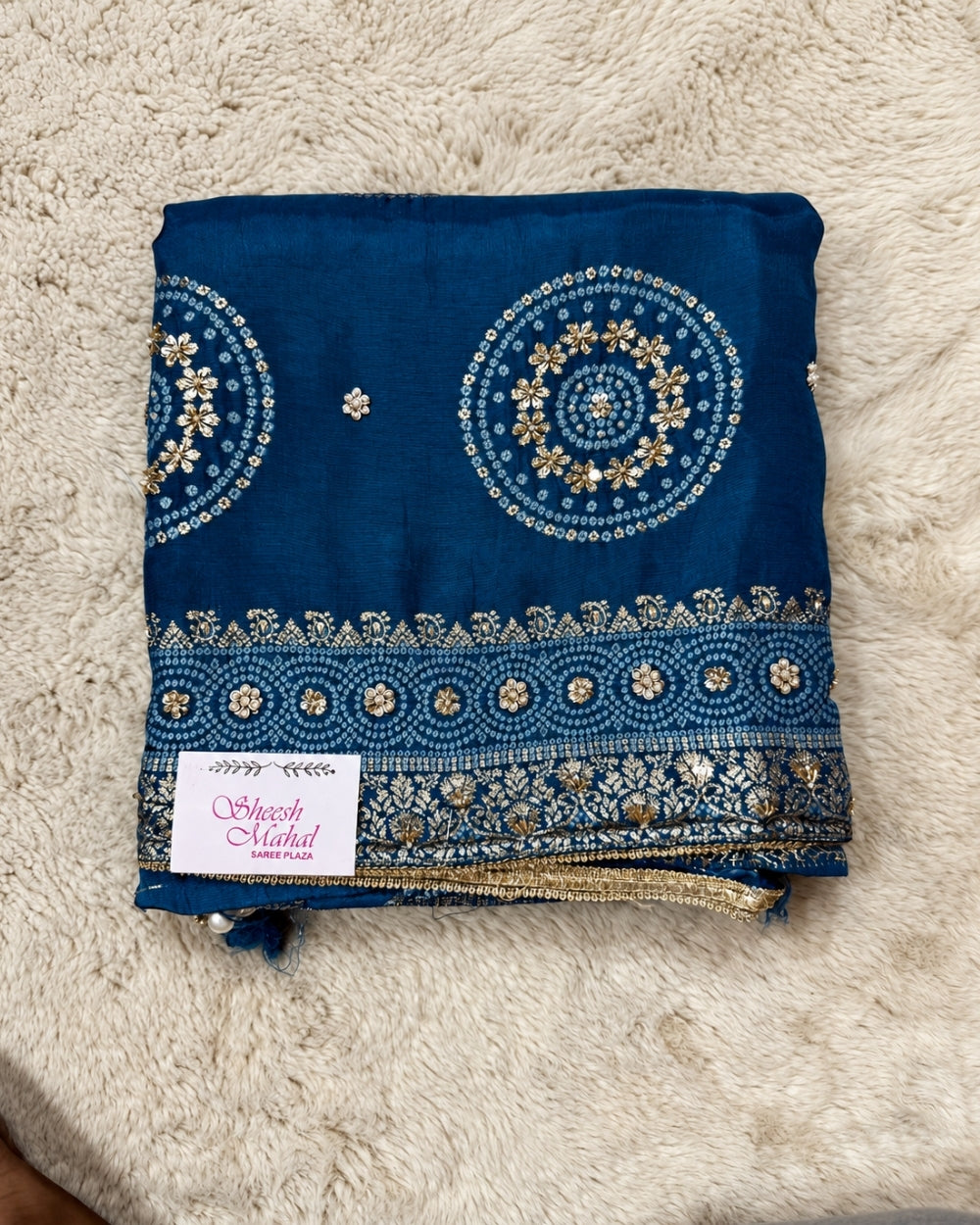 Blue Crepe Satin Fabric with Traditional Bandhej Weaving (12639988)