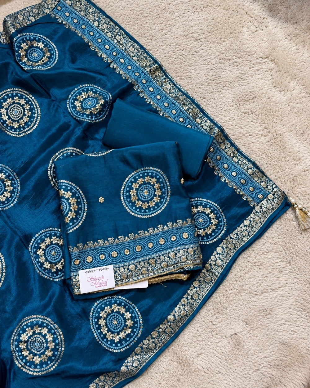 Blue Crepe Satin Fabric with Traditional Bandhej Weaving (12639988)