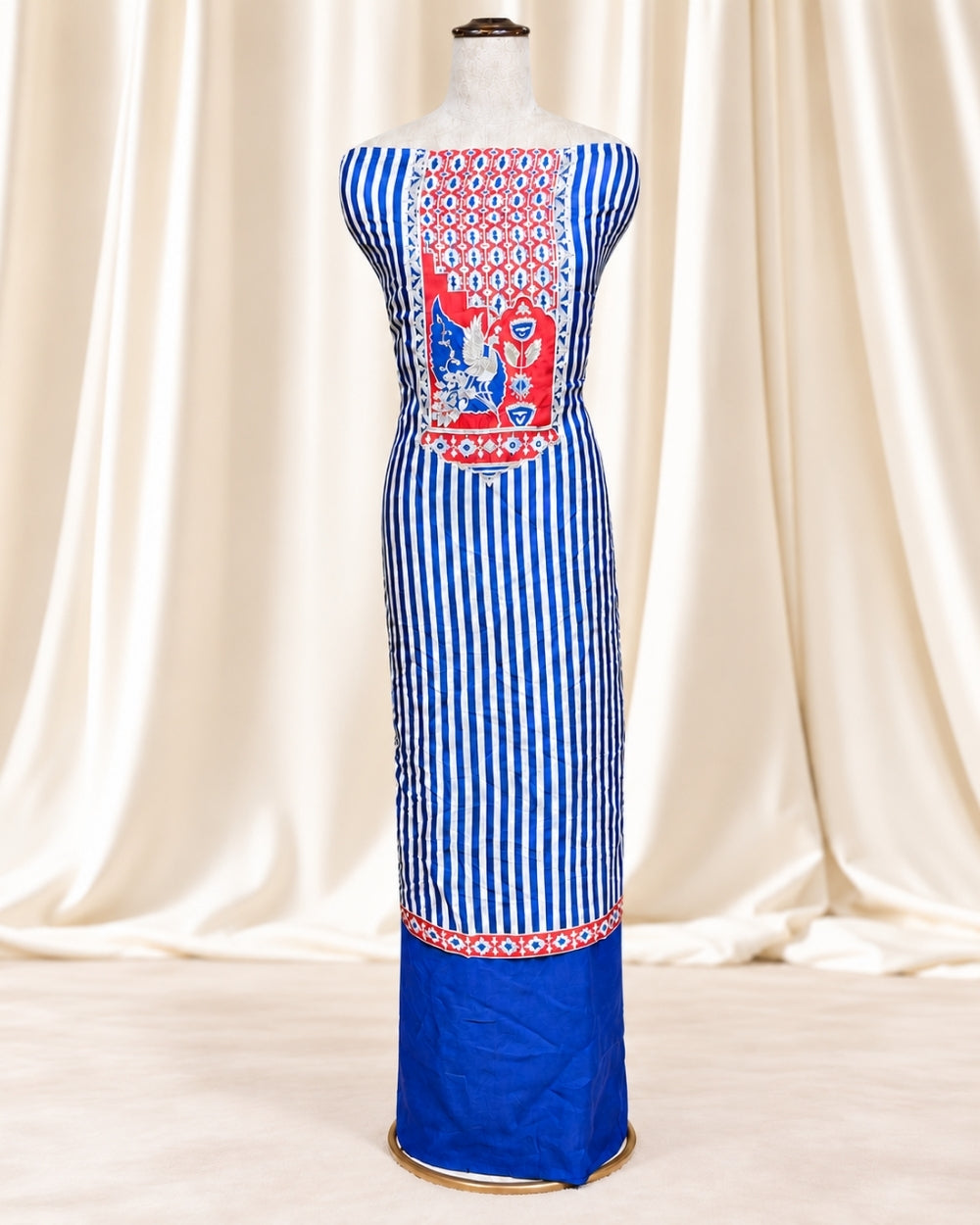 Blue Crepe Satin Suit with Handwork Neckline (12638981)