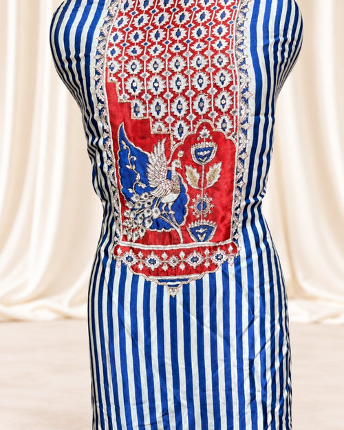Blue Crepe Satin Suit with Handwork Neckline (12638981)