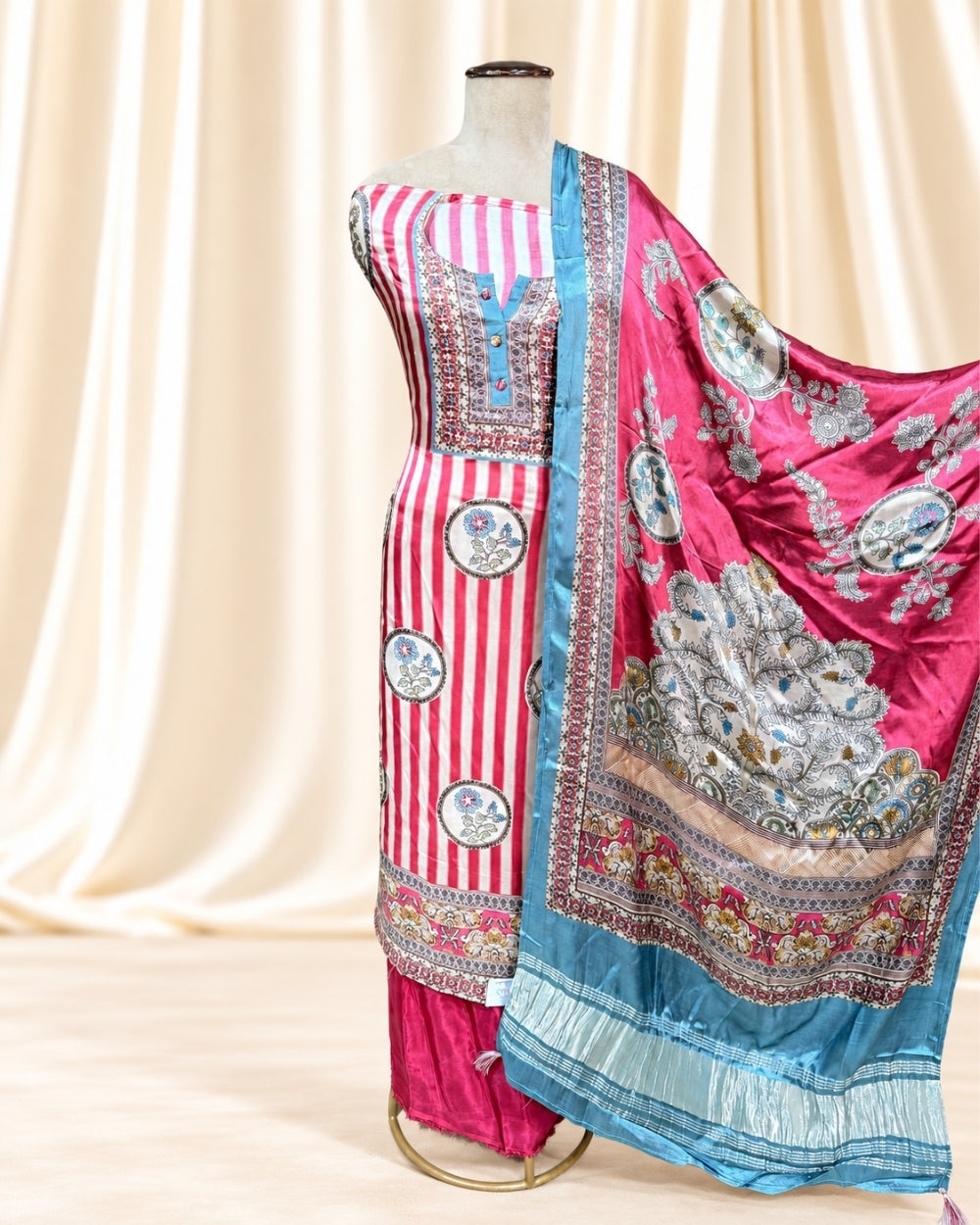 Crepe Satin Striped Print Shirt with Kalamkari Print Dupatta (12639001)
