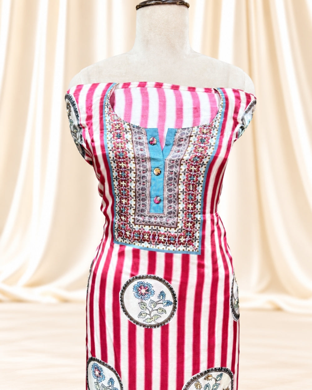 Crepe Satin Striped Print Shirt with Kalamkari Print Dupatta (12639001)