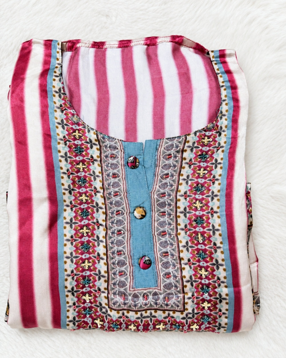 Crepe Satin Striped Print Shirt with Kalamkari Print Dupatta (12639001)