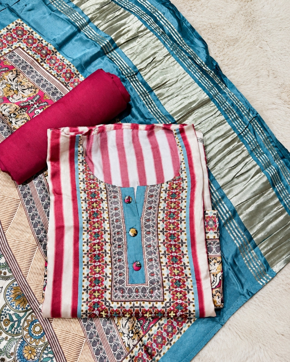Crepe Satin Striped Print Shirt with Kalamkari Print Dupatta (12639001)