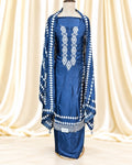 Indigo Blue Ethnic Suit with Ikat Neckline, Resham & Sequin Work (12638972)