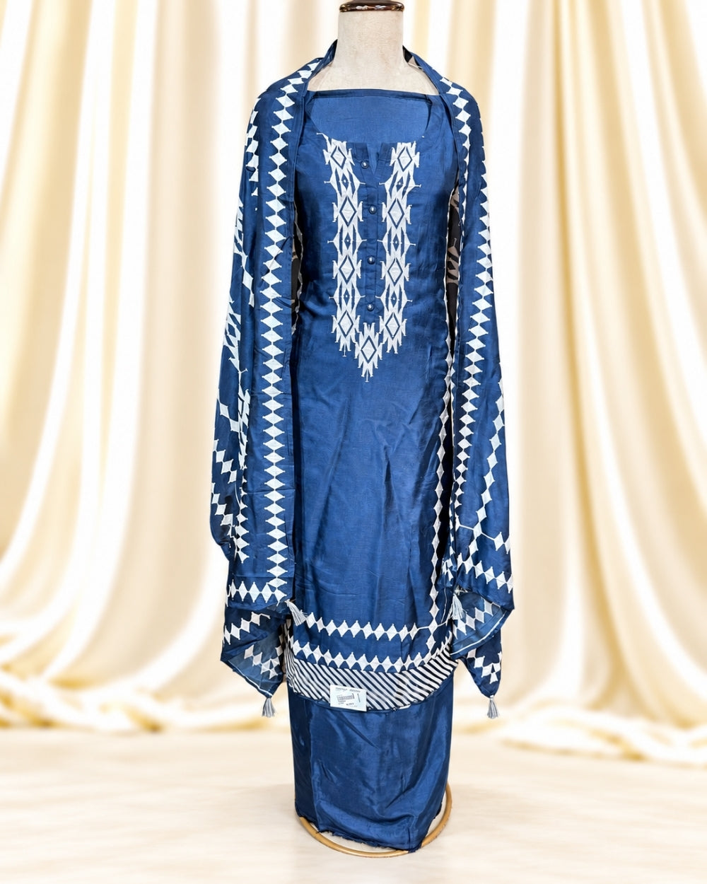 Indigo Blue Ethnic Suit with Ikat Neckline, Resham & Sequin Work (12638972)