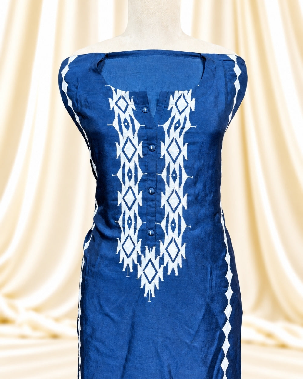 Indigo Blue Ethnic Suit with Ikat Neckline, Resham & Sequin Work (12638972)