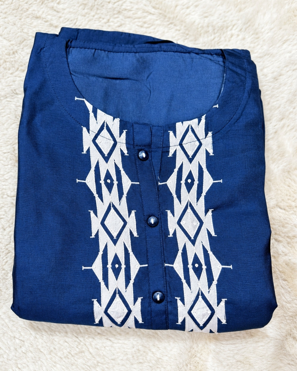 Indigo Blue Ethnic Suit with Ikat Neckline, Resham & Sequin Work (12638972)