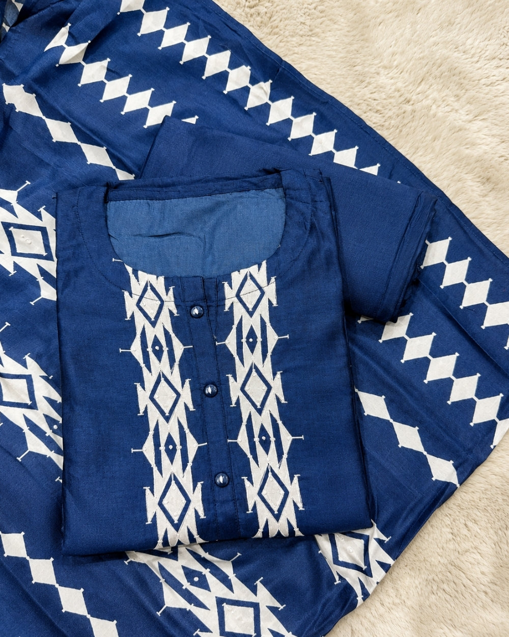 Indigo Blue Ethnic Suit with Ikat Neckline, Resham & Sequin Work (12638972)