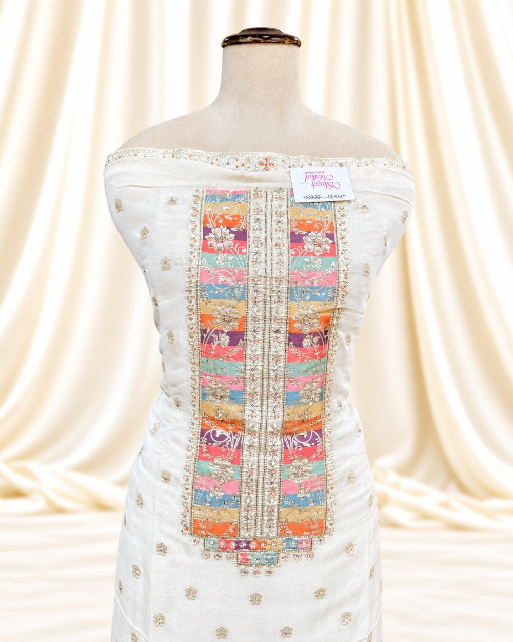 Ivory Tissue Organza Suit with Handwork Detailing (12640022)