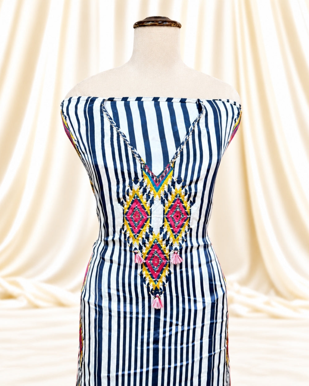 Muslin Silk Suit with Digital Ikat Print & Handcrafted Kantha Work (12638970)