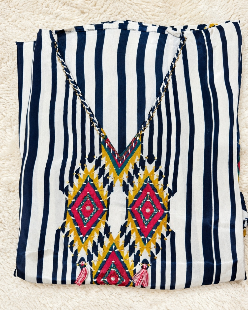 Muslin Silk Suit with Digital Ikat Print & Handcrafted Kantha Work (12638970)