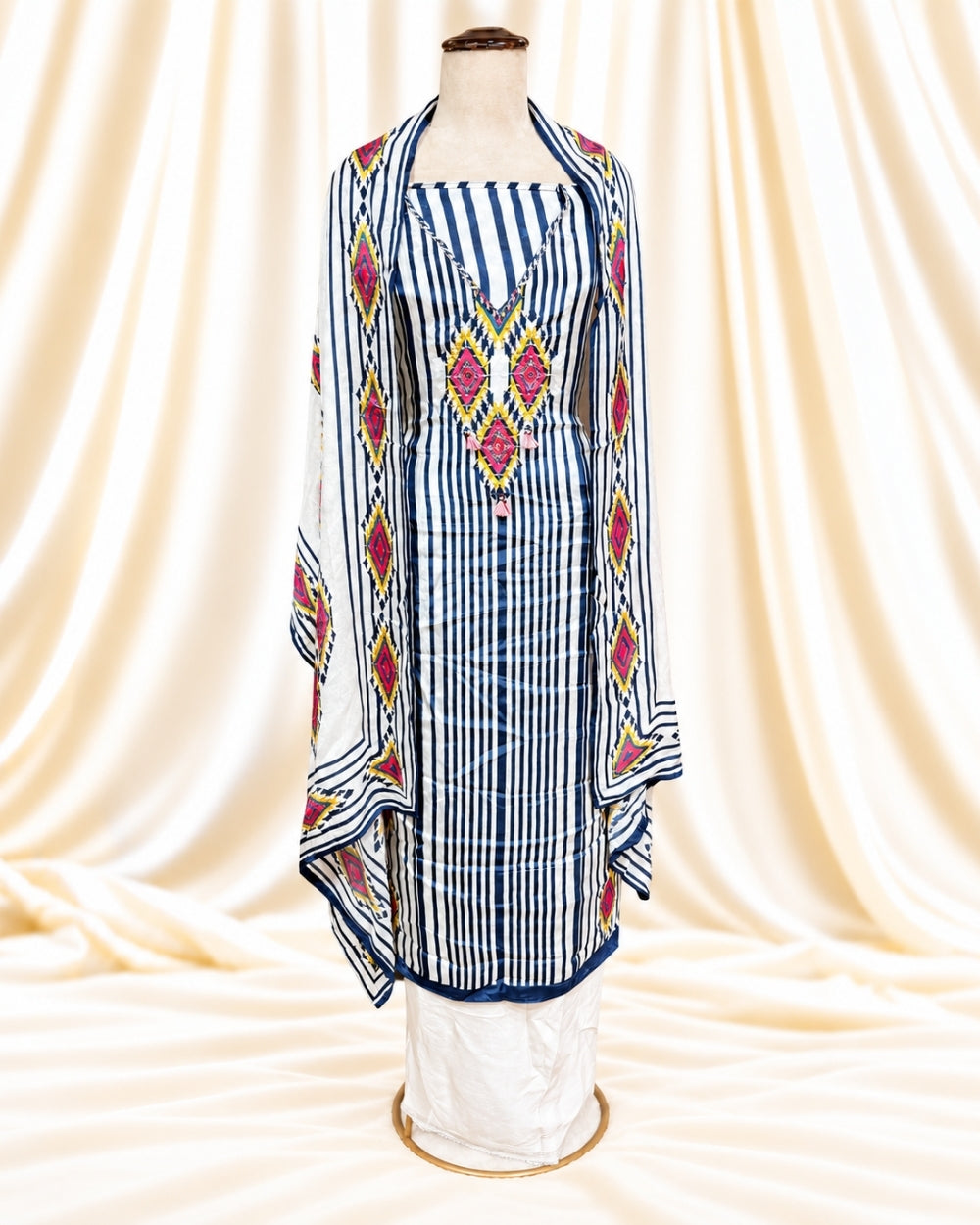 Muslin Silk Suit with Digital Ikat Print & Handcrafted Kantha Work (12638970)