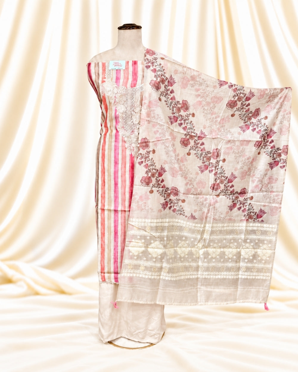 Muslin Striped Print Suit with Resham Work & Printed Jamdani Dupatta (12639995)